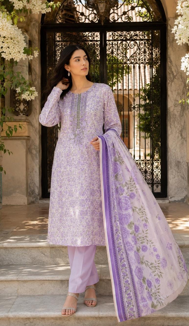 Dusty Rose Embroidered Suit with Contrast Border – unstitched women's 3-piece suit – He & She Mall