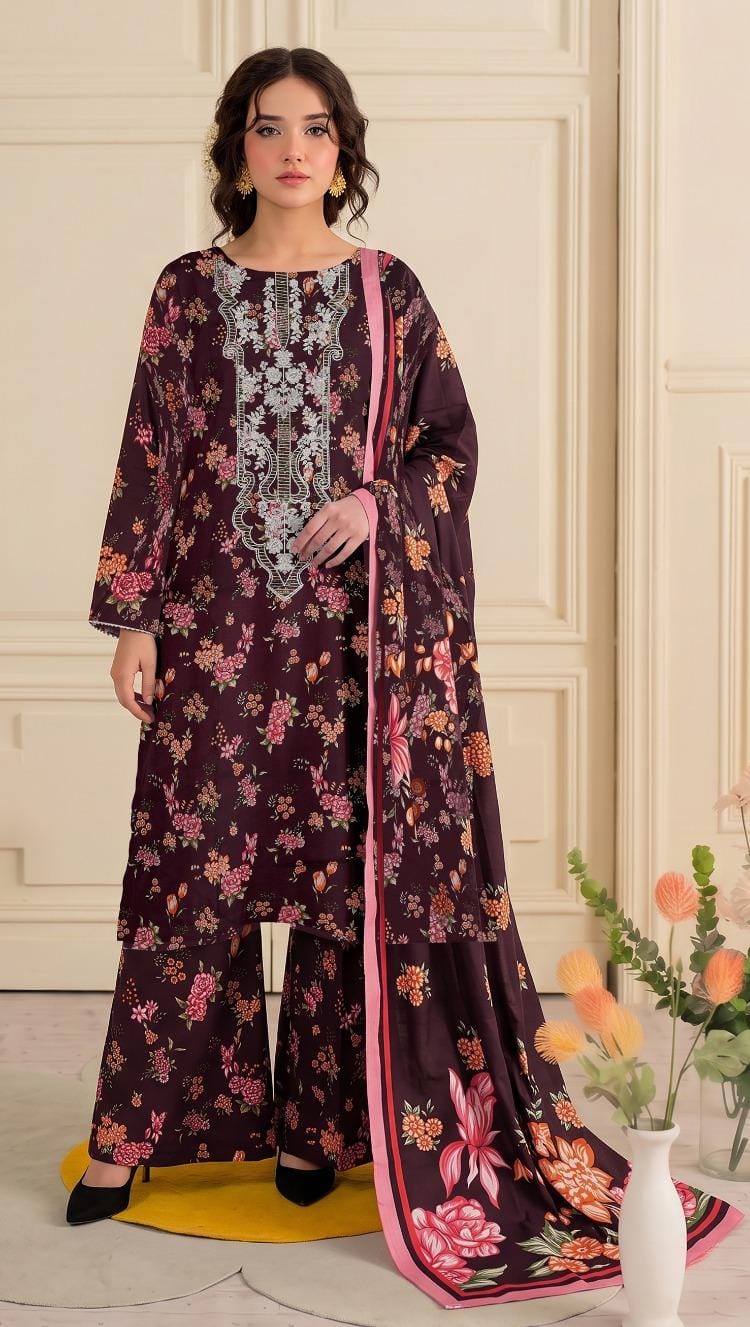 Wine Floral Print Sharara Suit – unstitched women's sharara suit – He & She Mall
