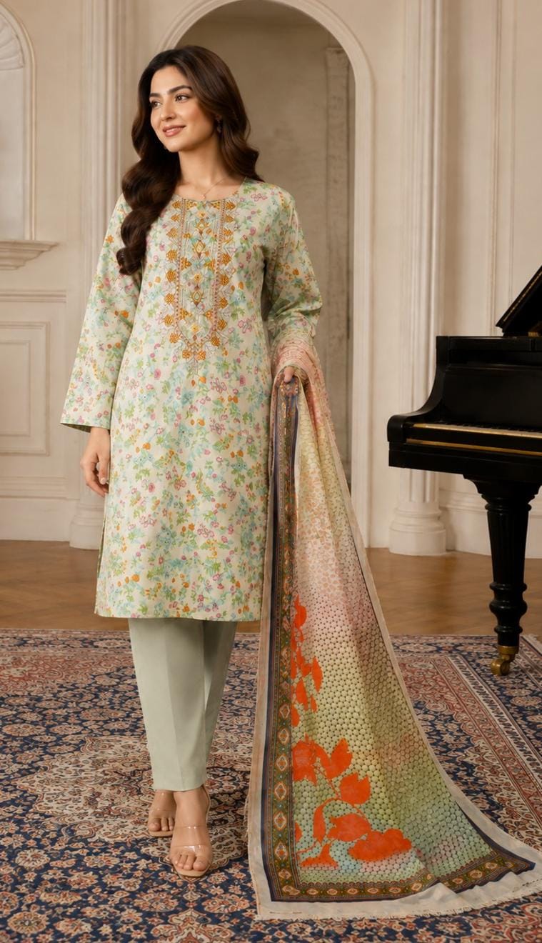 Ivory Floral Print Embroidered Suit – unstitched women's 3-piece suit – He & She Mall