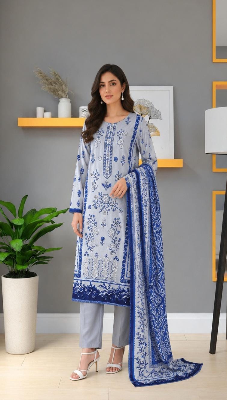 Slate Grey Embroidered Linen 3-Piece Suit – unstitched women's 3-piece suit – He & She Mall