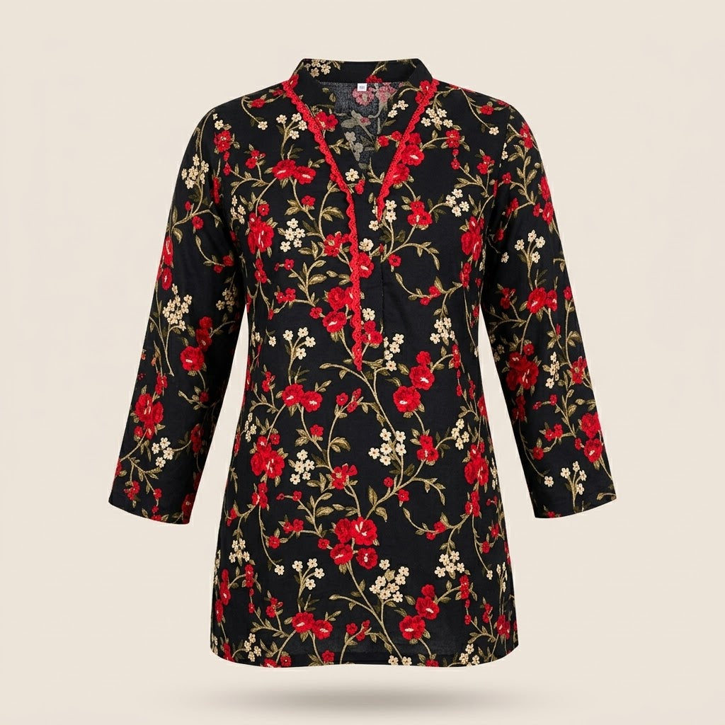 Baby Girl Black Kurti with Red Rose Print & Lace Neckline