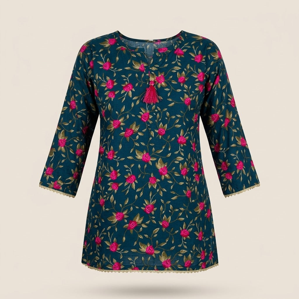 Baby Girl Magenta Floral Frock with White Bows & Ruffle Collar