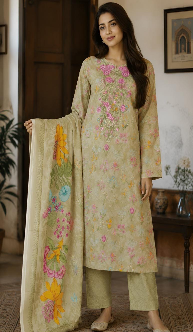 Sage Green Floral Embroidered Suit – unstitched women's 3-piece suit – He & She Mall