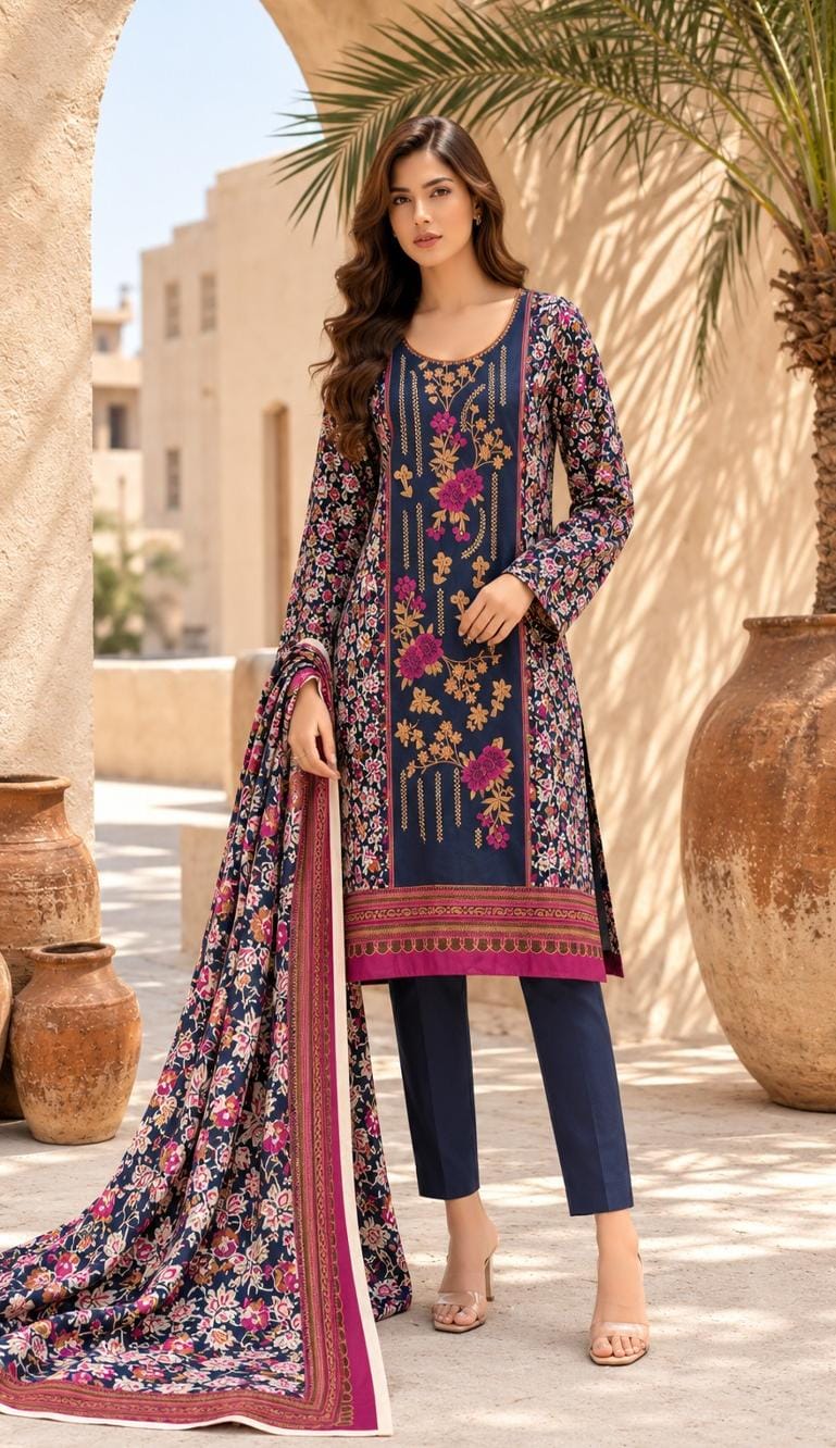 Navy Blue Floral Embroidered Suit – unstitched women's 3-piece suit – He & She Mall