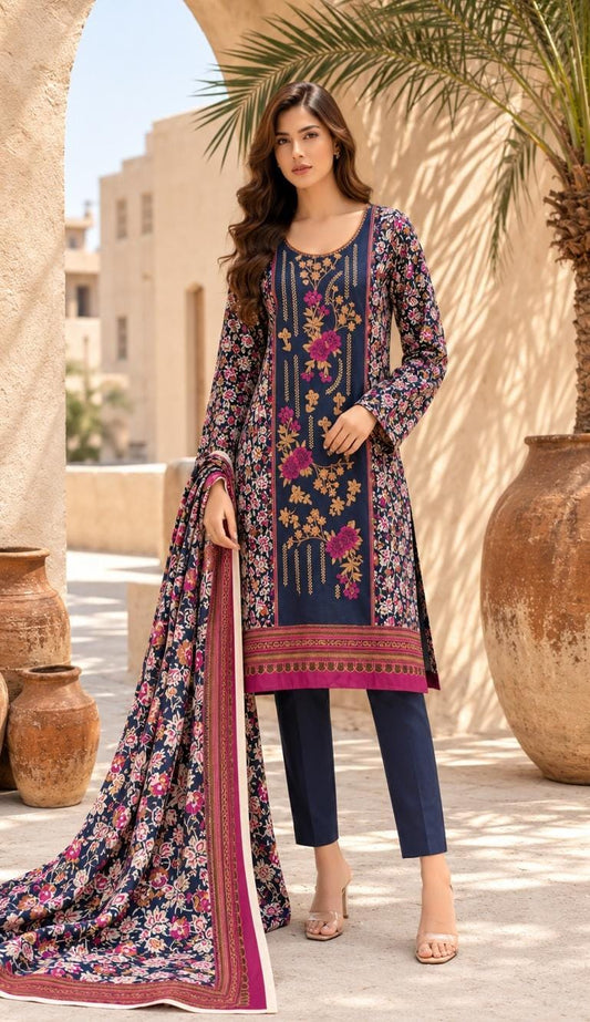 Navy Blue Floral Embroidered Suit – unstitched women's 3-piece suit – He & She Mall