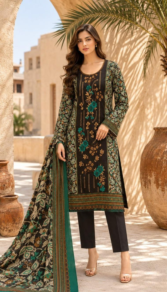 Black Floral Embroidered Suit – unstitched women's 3-piece suit – He & She Mall