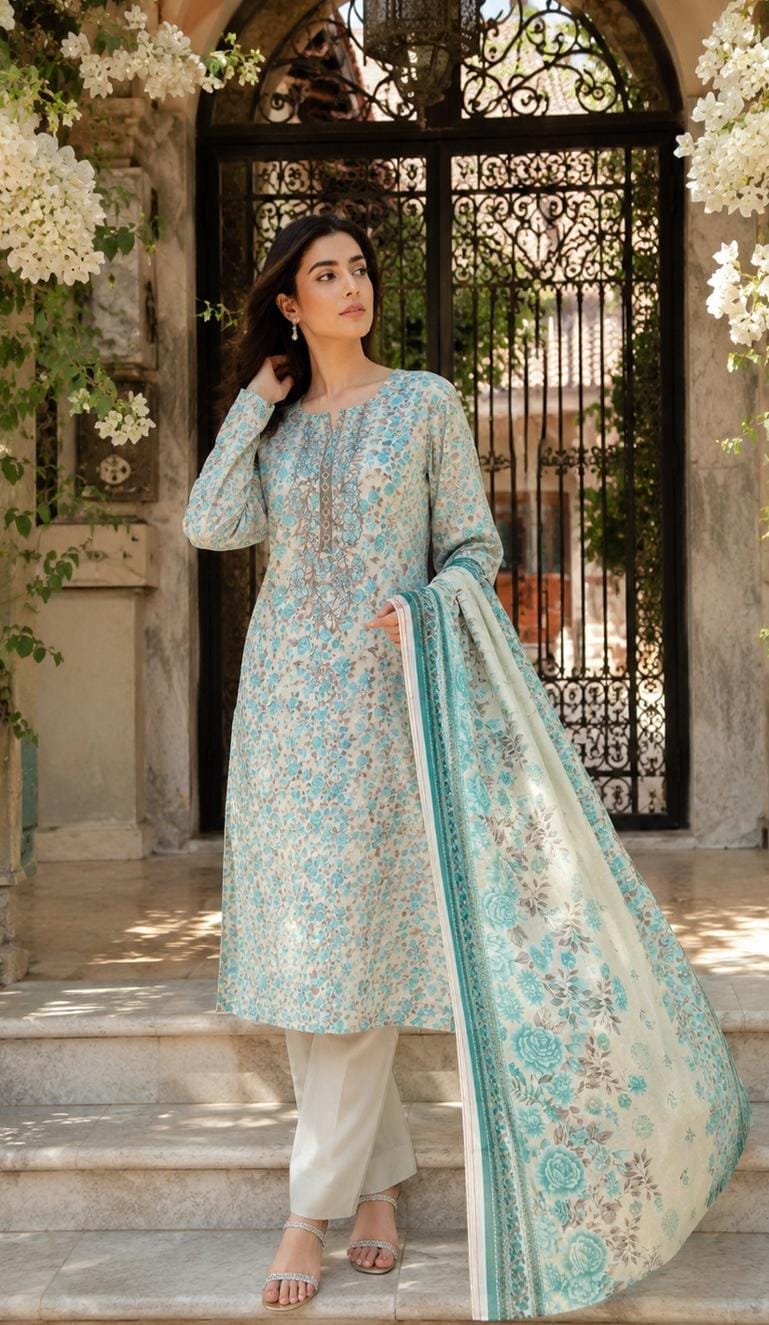 Lavender Rose Print Embroidered Suit – unstitched women's 3-piece suit – He & She Mall