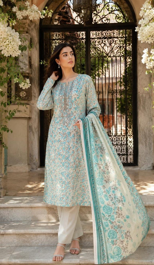 Lavender Rose Print Embroidered Suit – unstitched women's 3-piece suit – He & She Mall
