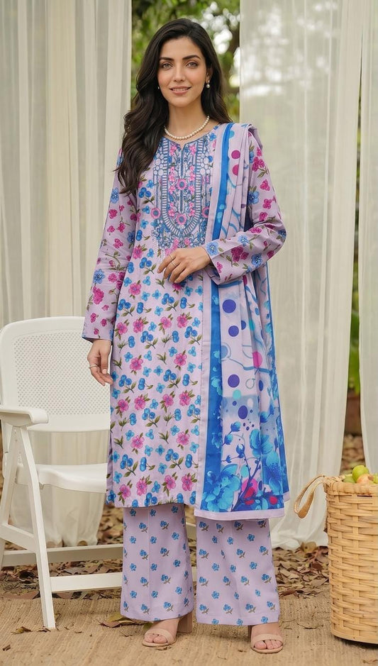 Turquoise Floral Print Embroidered Suit – unstitched women's 3-piece suit – He & She Mall