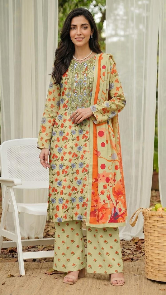 Pistachio Floral Print Embroidered Suit – unstitched women's 3-piece suit – He & She Mall