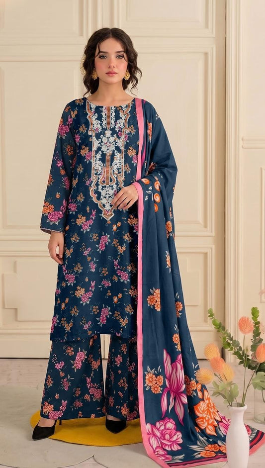 Teal Floral Print Sharara Suit – unstitched women's sharara suit – He & She Mall