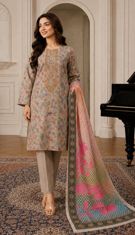 Warm Taupe Floral Print Embroidered Suit – unstitched women's 3-piece suit – He & She Mall