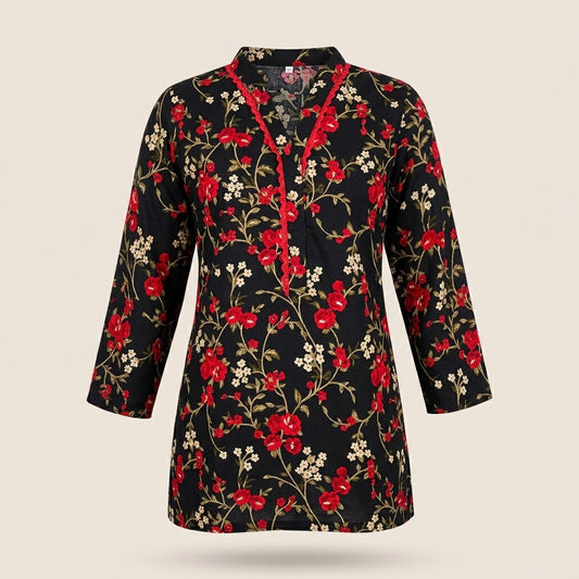 Baby Girl Black Kurti with Red Rose Print & Lace Neckline