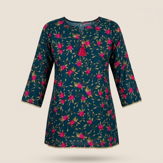 Baby Girl Magenta Floral Frock with White Bows & Ruffle Collar