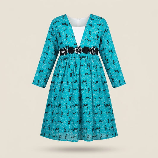 Baby Girl Turquoise Floral Frock with Black Lace Waist Belt