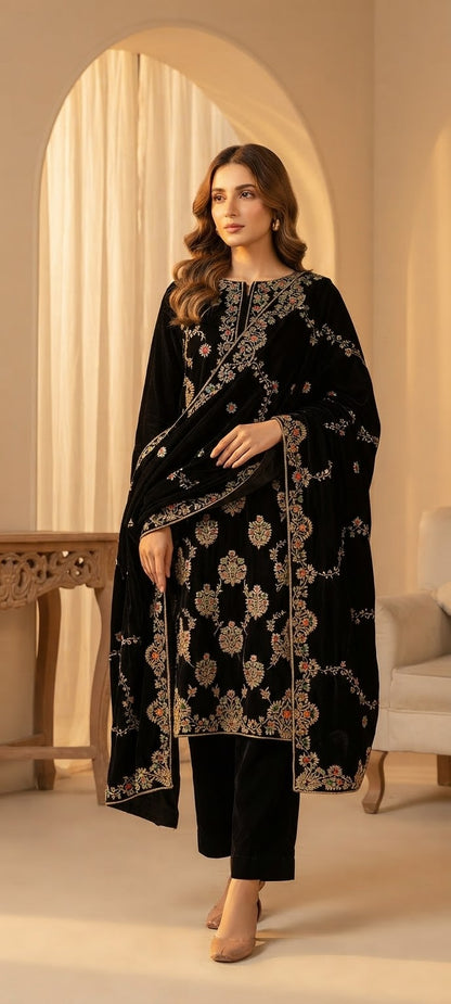 Black velvet 3-piece unstitched embroidered suit with velvet shawl