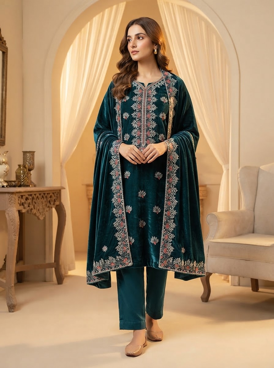 Navy blue velvet 3-piece unstitched embroidered suit with velvet shawl