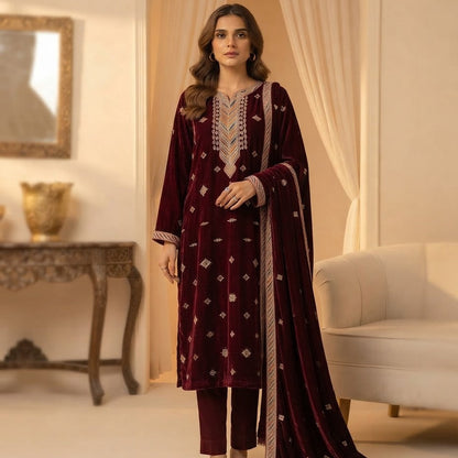 Red velvet 3-piece unstitched embroidered suit with velvet shawl