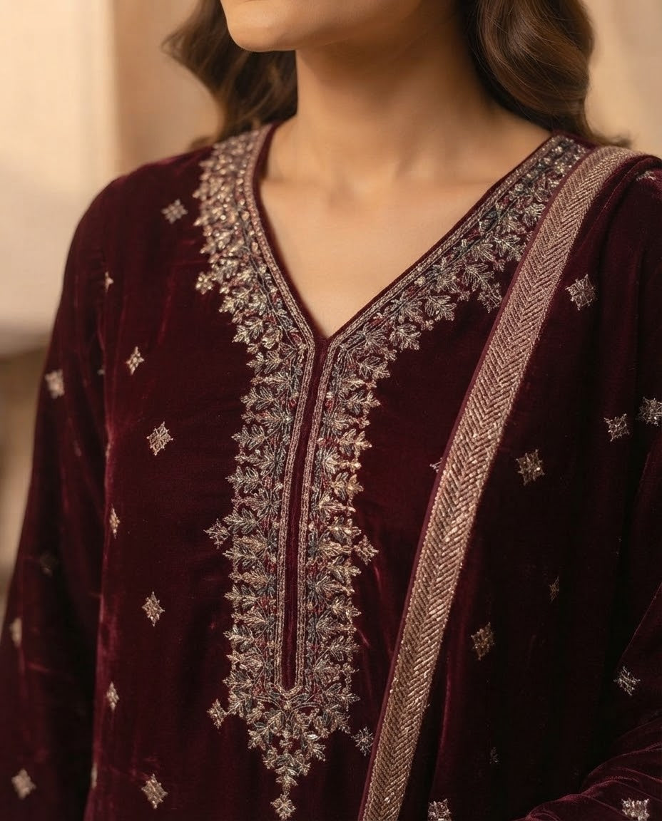 Ladies velvet unstitched suit, winter collection, view 6