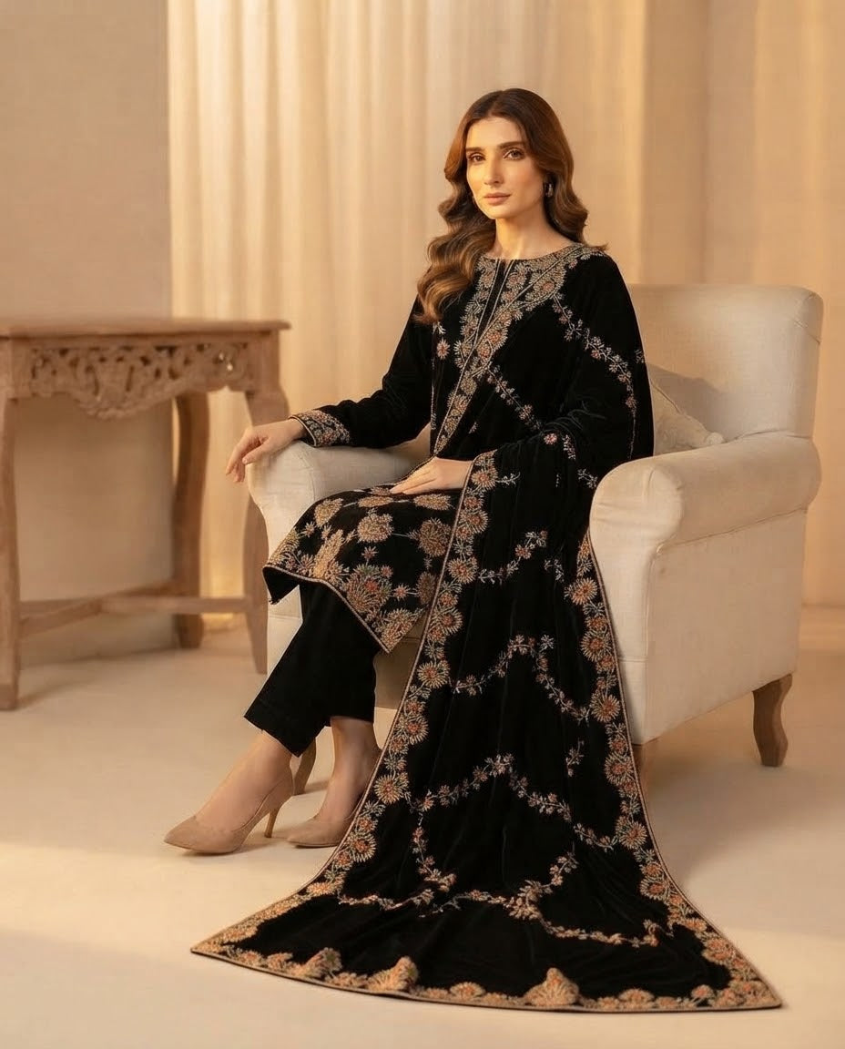 Ladies velvet unstitched suit, winter collection, view 7