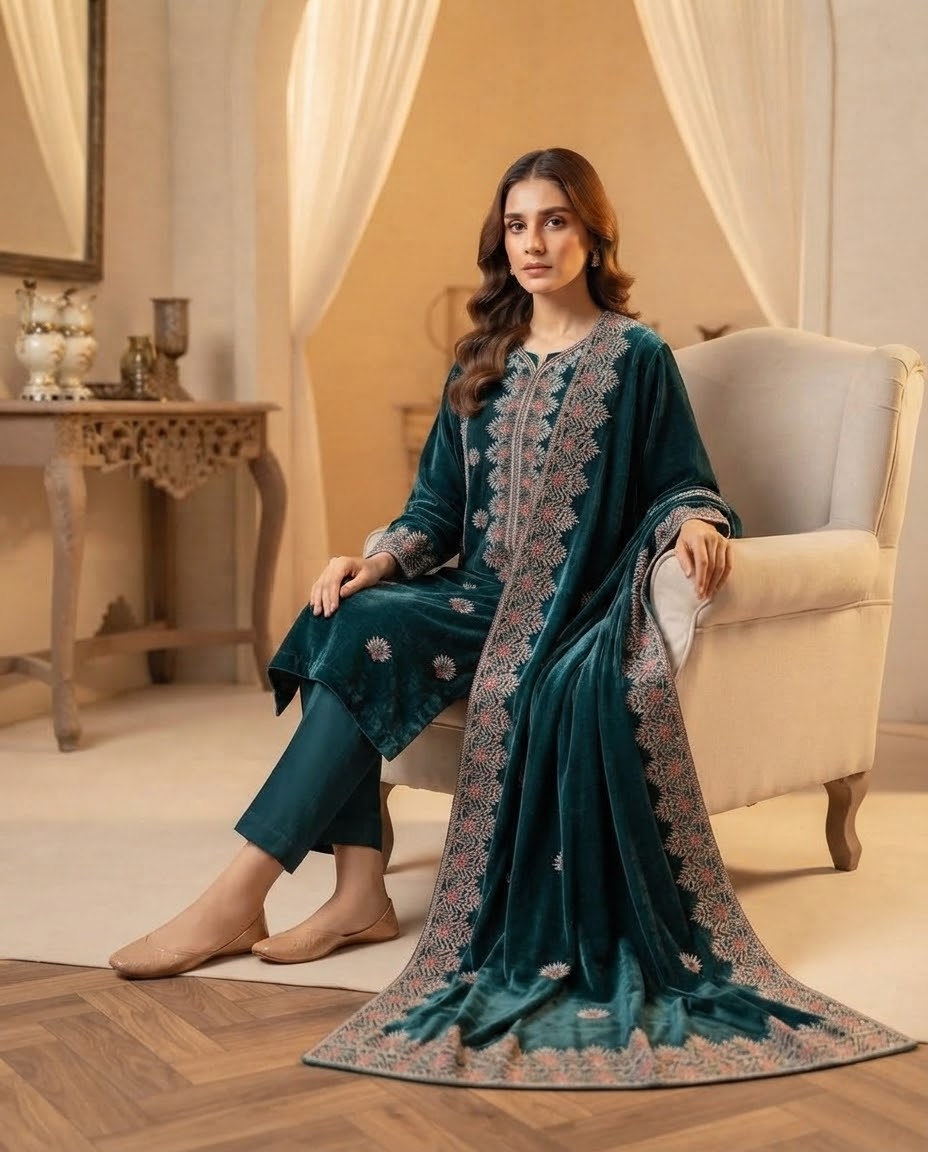 Ladies velvet unstitched suit, winter collection, view 11