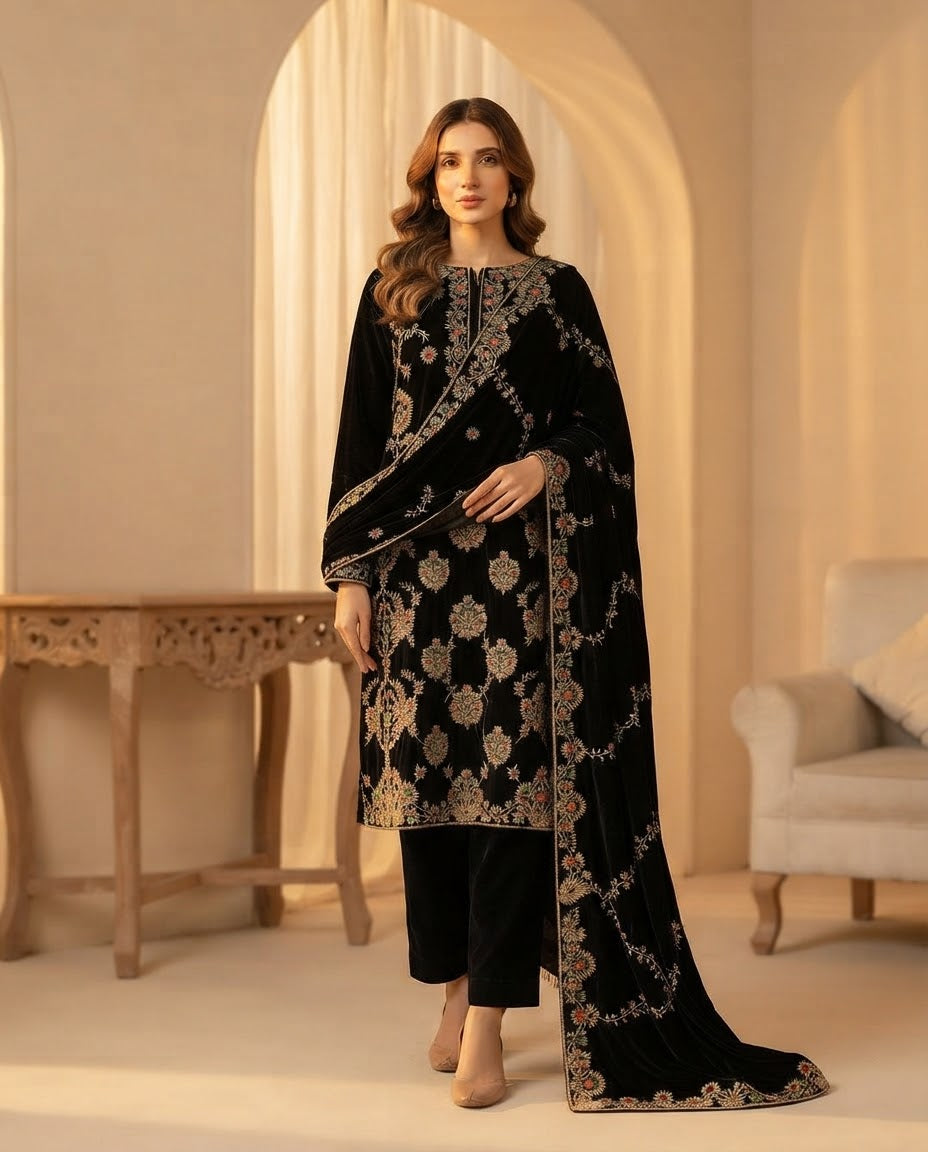 Ladies velvet unstitched suit, winter collection, view 12