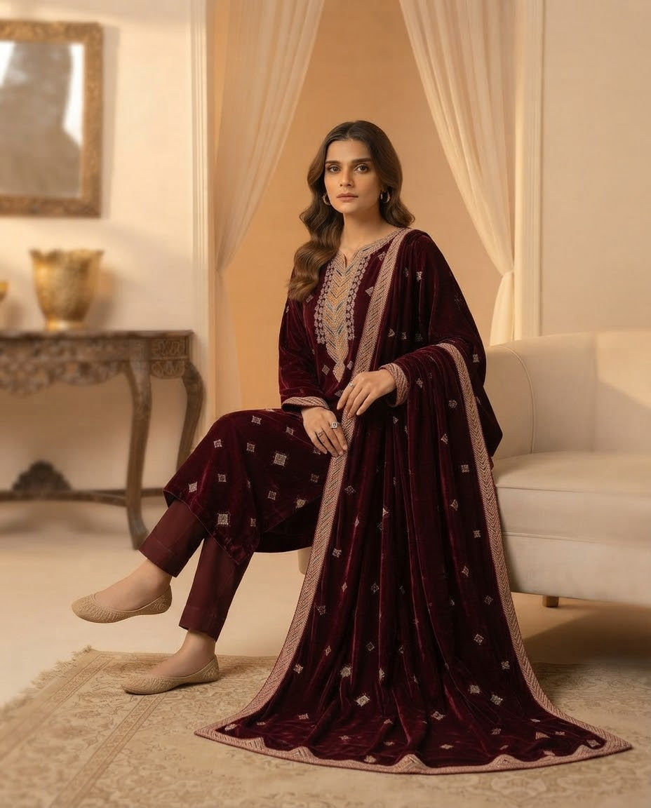 Ladies velvet unstitched suit, winter collection, view 13