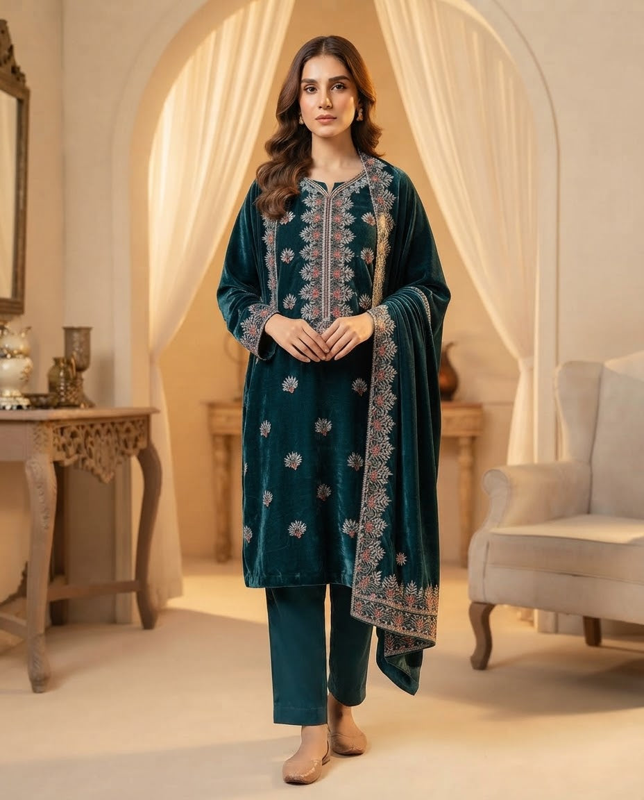 Ladies velvet unstitched suit, winter collection, view 16